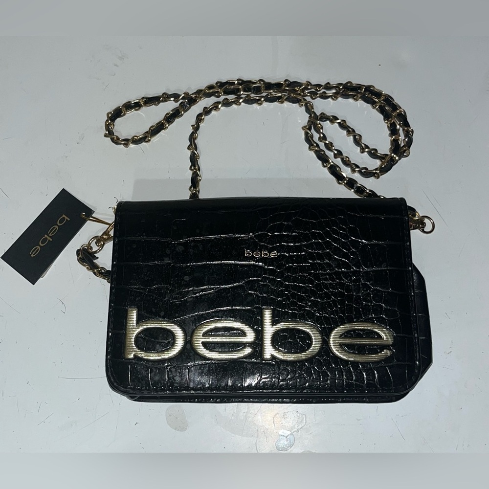 Bebe Fabiola Stamped Crocodile Crossbody Mini Handbag Black Gold MSRP $69​​